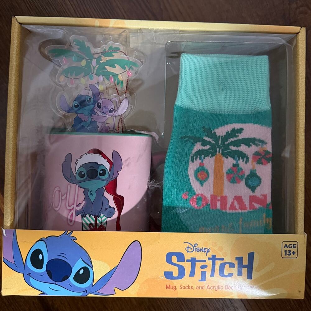 Disney Stitch Holiday Gift Set with Mug Ornament and Socks NIB